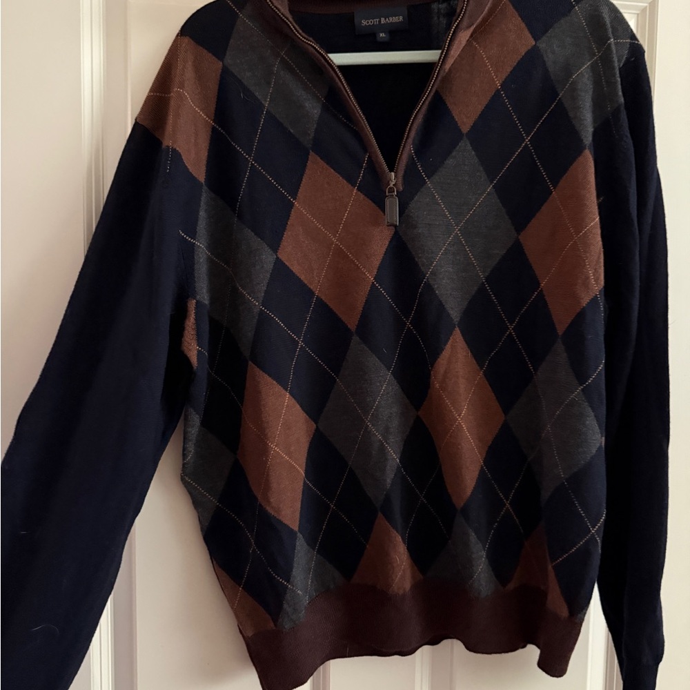 Scott Barber 100% Merino Wool Argyle Sweater - Navy and Brown